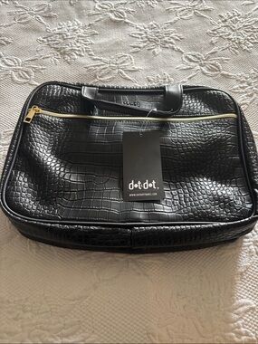 Black Croc-Embossed Laptop Bag with Gold Zipper